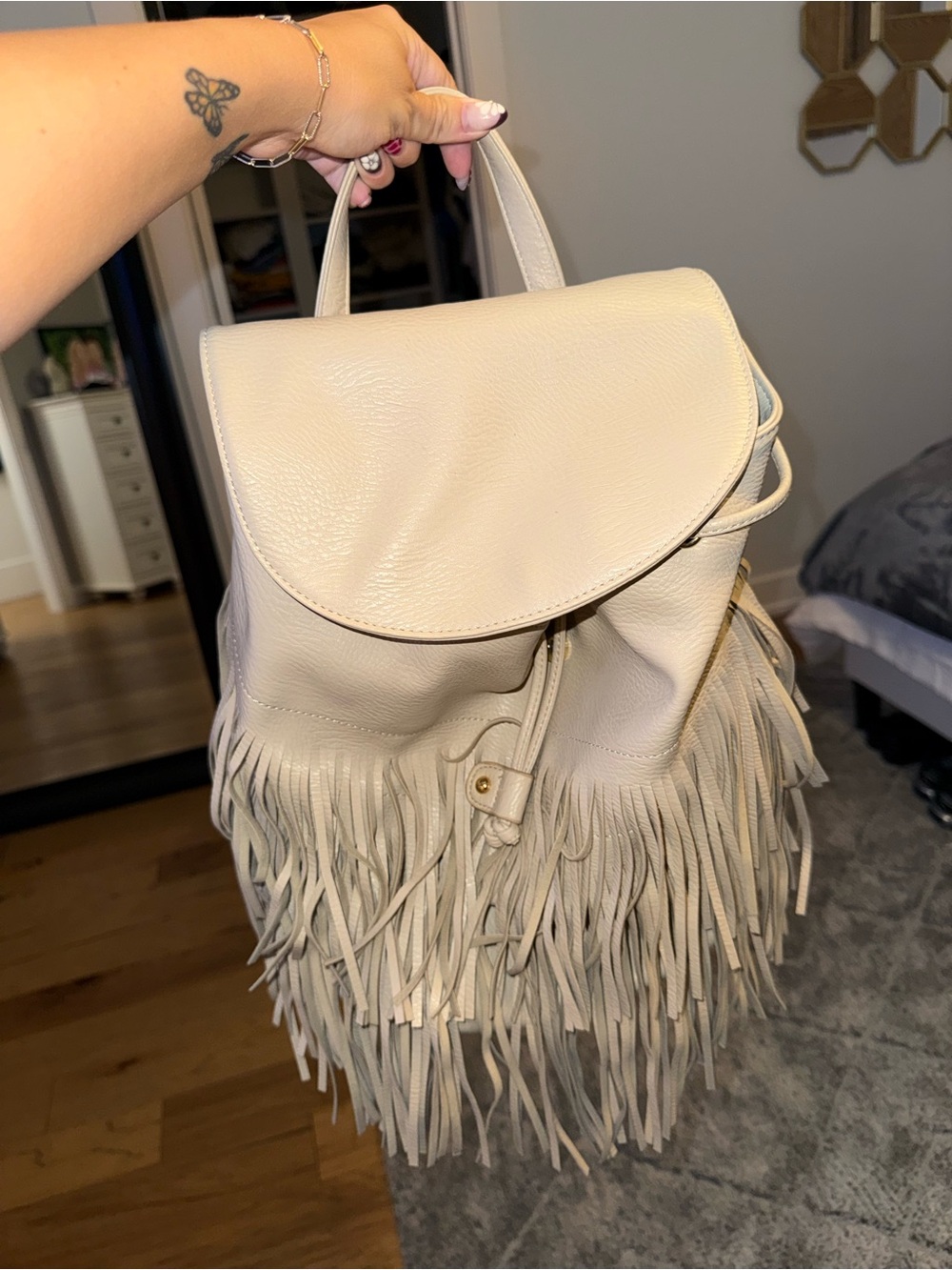 Fringe Leather Backpack - Cream